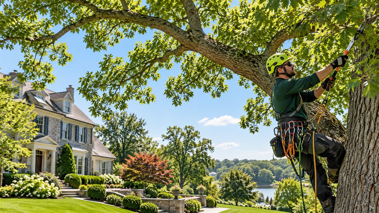 Arborist pruning a mature tree at a Maryland home